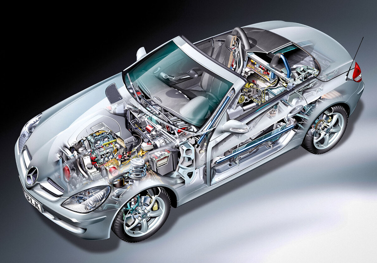 Автомобиль стр. Mercedes Cutaway. Автомобиль в разрезе. Конструкция автомобиля. Строение машины.