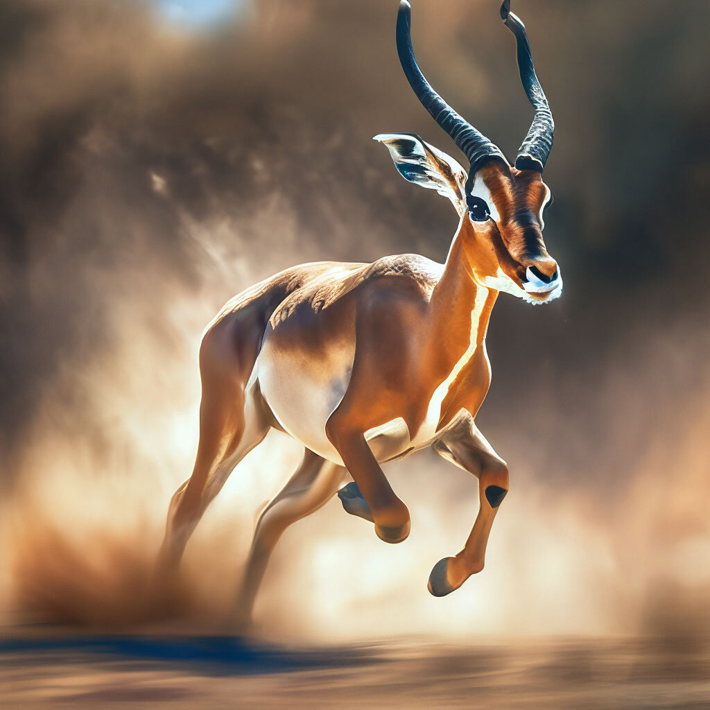 Антилопа бежит, спасаясь от льва.