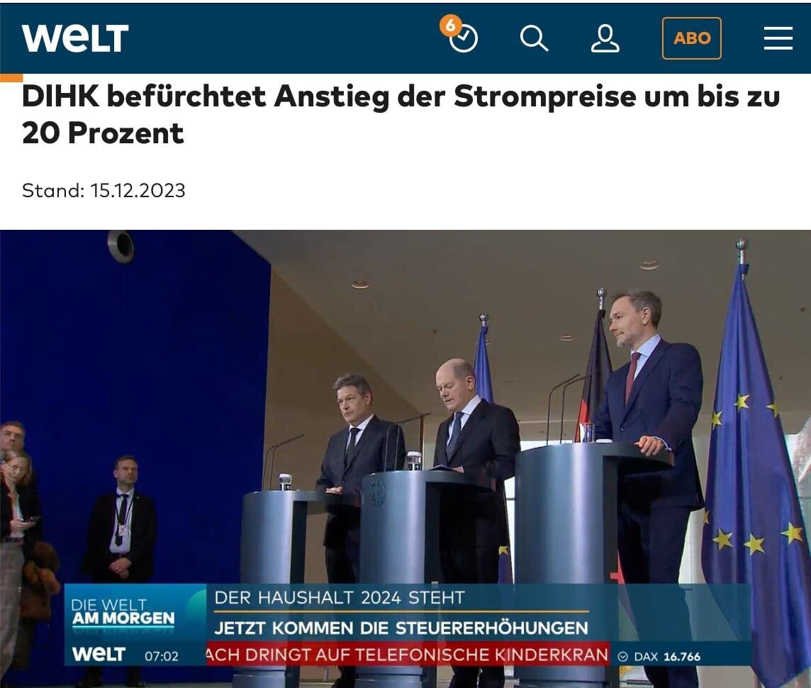 "Торгово-промышленная палата Германии опасается роста цен на электроэнергию до 20 процентов" (Welt 15/12/2023)