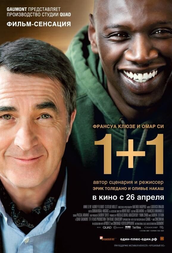 1. «1+1»;  •Рейтинг: 8.8;  •Год: 2011;  •Жанр: драма, комедия;  •Длительность: 1ч 52 мин;  •18+