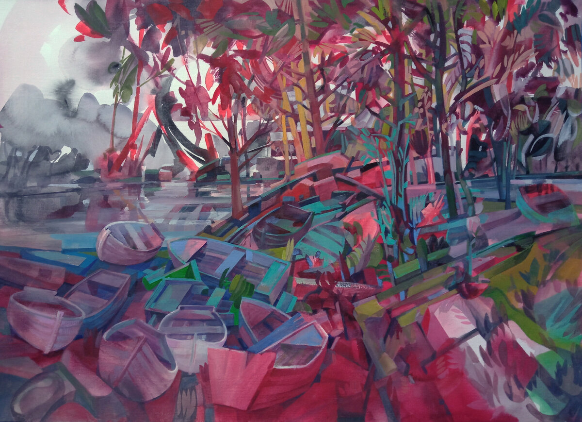 Сергей Галета. Берега и Лодки. Бумага, акварель, гуашь бел. 41х62 см. 2022г.