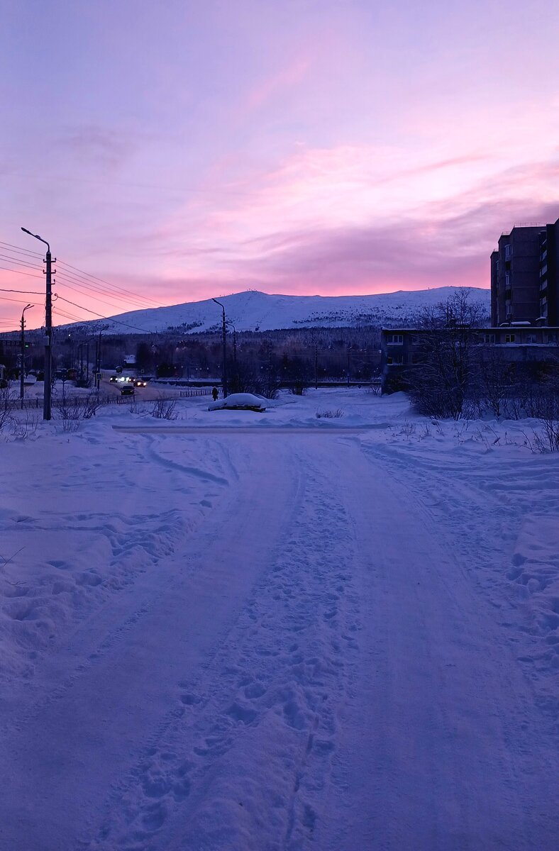 Вид на гору Нюдуайвенч в городе Мончегорск с улицы Морошковая