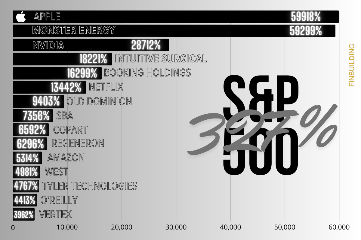 Лучшие компании из S&P 500 на отрезке в 20 лет в сравнение с S&P 500. Источник: FinBuilding 