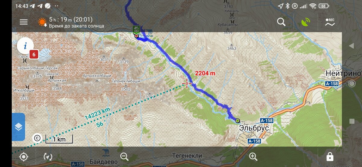 Пример экрана программы Locus.map с записанным треком восхождения на Эльбрус
