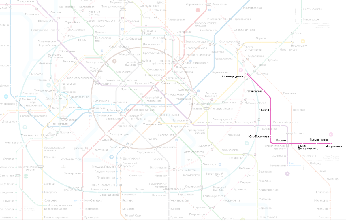 Некрасовская линия на схеме Московского метро. Яндекс.Карты.