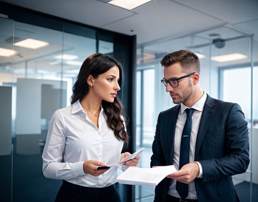 Two young business people making negotiations in the office.