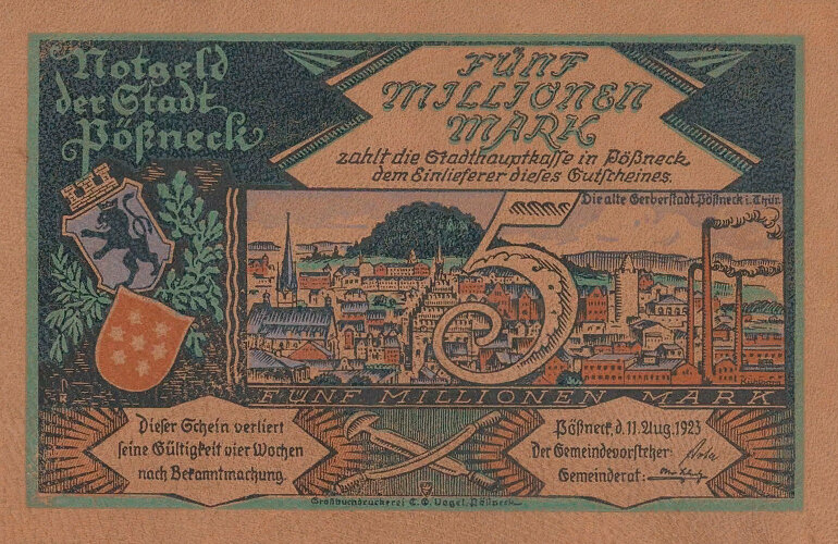 Нотгельд города Пёснек на сумму 5 миллионов марок от 11 августа 1923 года из овечьей кожи.