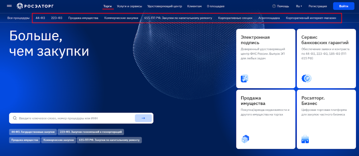 Главная страница торговой площадки «Росэлторг», красным выделены основные секции площадки 