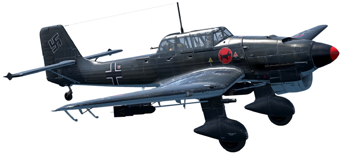 ТТХ Junkers Ju.87В: Масса взлетная - 4.400 кг. Двигатель: Jumo 211А-1 1х1.000 л.с. Максимальная скорость - 380 км/ч. Дальность - 785 км (пустой), 600 км (с 500-кг бомбой). Вооружение: 2х7,92-мм пулемета вперед; 1х7,92-мм пулемет назад. Бомбы: 500 кг. Экипаж 2 человека.