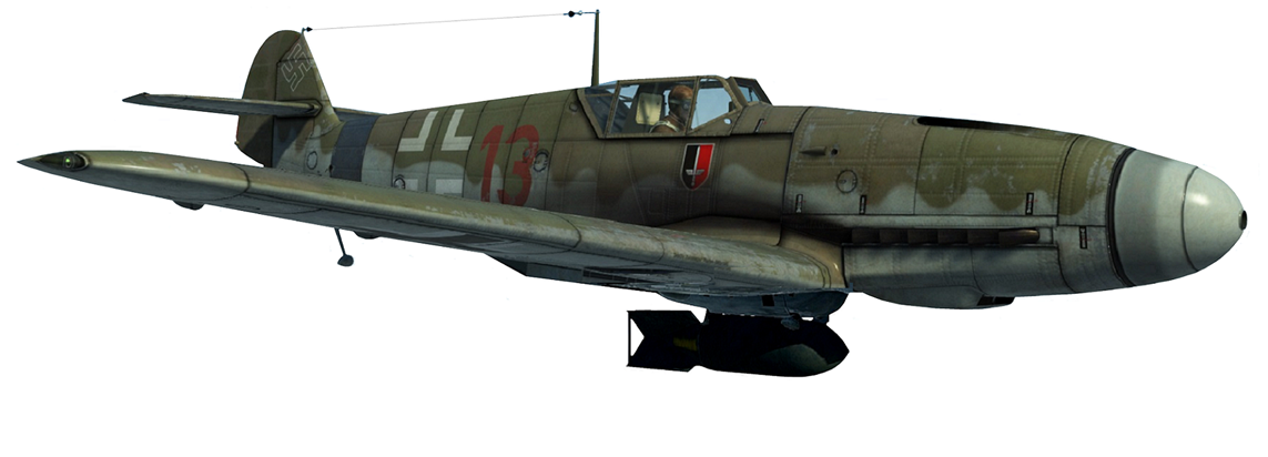 ТТХ Bf.109 F-4/B: Масса взлетная - 2.800 кг. Двигатель Daimler-Benz DB.601N 1.270 л.с. Скорость 600 км/ч. Дальность - 650 км. Вооружение: 1х15-мм, 2х7,92-мм пулемета. Бомбы: 1х250 кг или 4х50 кг.