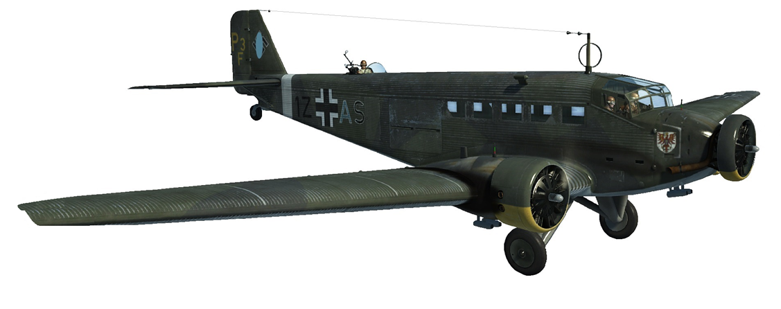 ТТХ Ju.52/3m g7e (1941 г.): Масса взлетная - 10.500 кг. Двигатели: BMW 132T 3 х 830 л.с. Максимальная скорость - 285 км/ч. Дальность - 1.300 км. Вооружение: 4 х 7,92-мм пулемета. Грузовместимость: 18 вооруженных солдат или 18 носилочных раненых. Экипаж 3 человека.