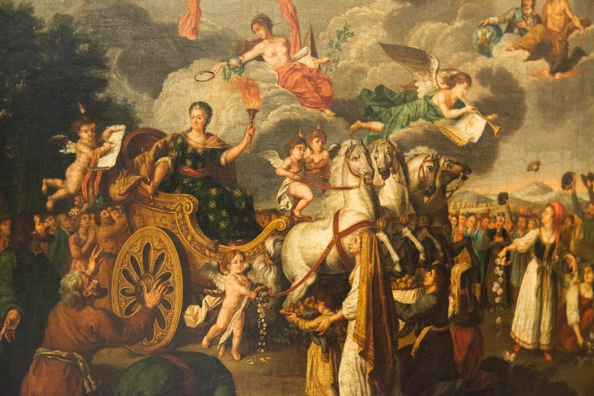 «Екатерина II, путешествующая в своем государстве в 1787 году». Аллегория. 
Неизвестный художник по оригиналу Ф. де Мейса.