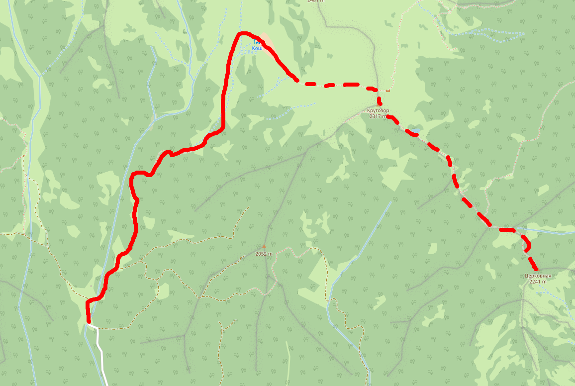 Грубый трек маршрута. Прерывистый - предполагаемая (незавершенная) часть пути