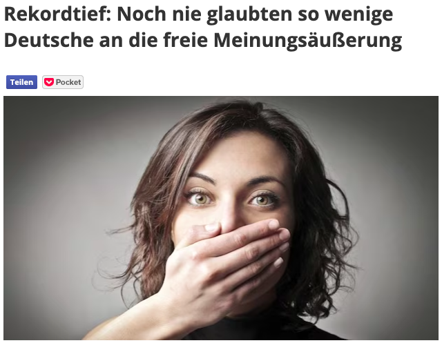 "Рекордно низкий показатель: Никогда еще число немцев, верящих в свободу выражения своего мнения не было таким маленьким". Не будем обольщаться - статья из далеко 2021г. ... Фото: Focus