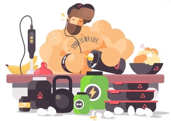 Картинка: https://www.vectorstock.com/royalty-free-vector/bodybuilder-athlete-prepares-protein-cocktail-vector-14351947