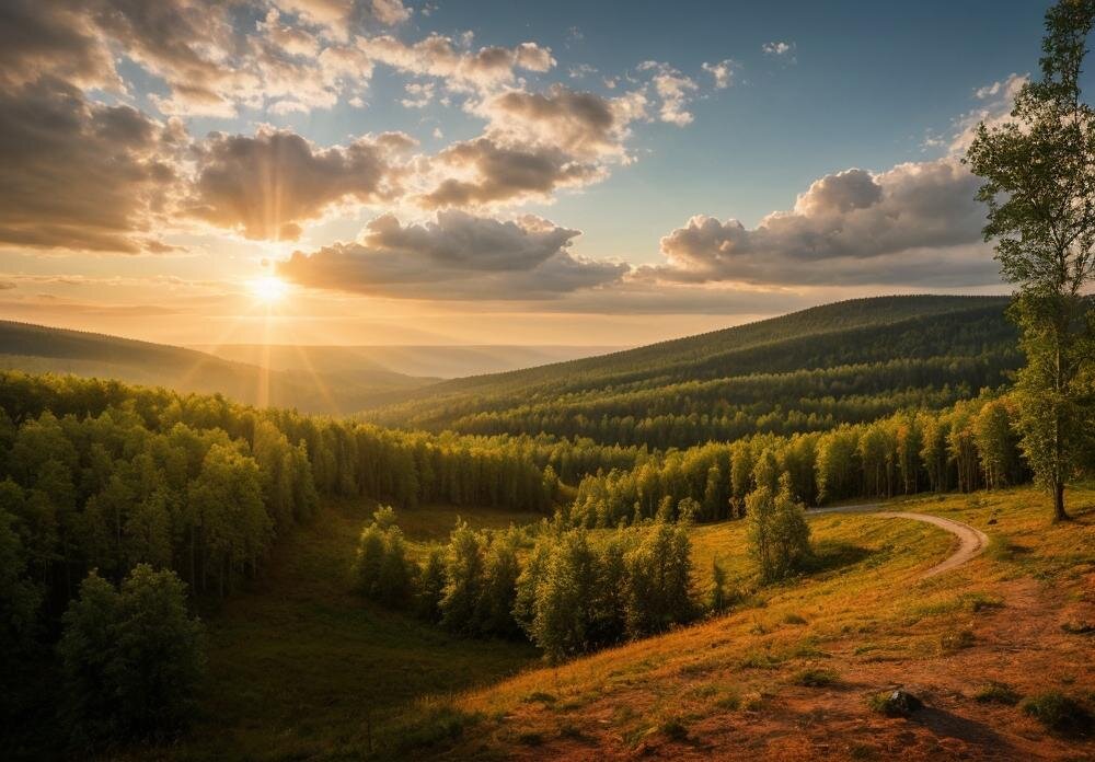 Лучи солнца опушка леса