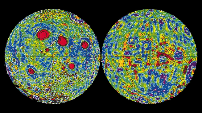 Гравитационная карта Луны, сделанная космическим аппаратом Lunar Prospector в 1998—1999 годах. Красным цветом отмечены зоны гравитационных аномалий с повышенной гравитацией.