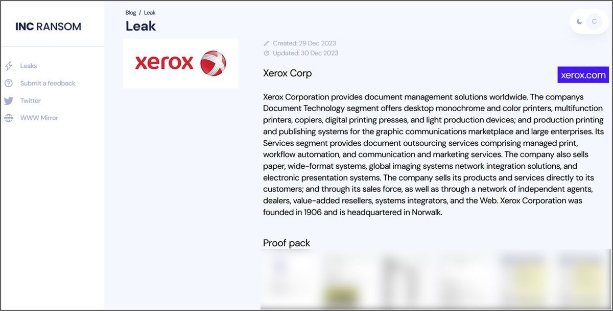Компания Xerox, указанная на сайте утечки данных INC Ransom Источник: @omvapt