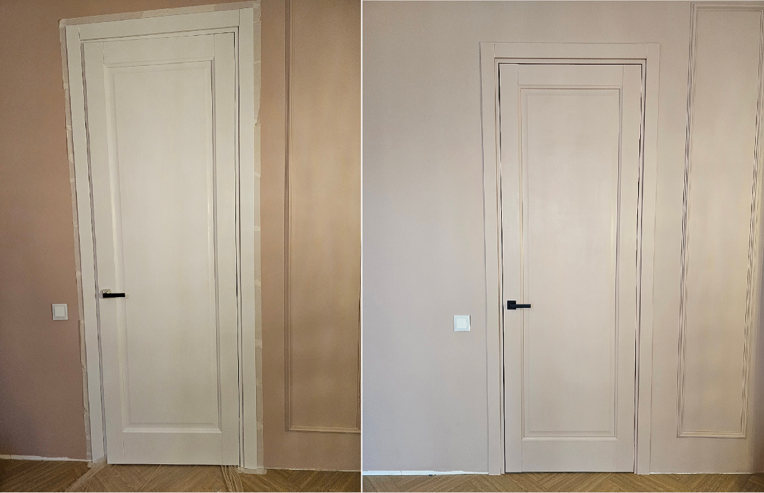Перекрашенная нами дверь на заказ (разных оттенков со стороны спальни и со стороны коридора)