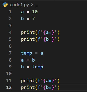 a=10 
b=7
a=7
b=10