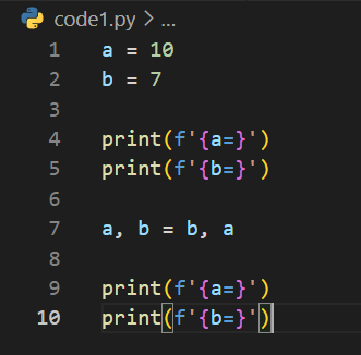 a=10 
b=7
a=7
b=10