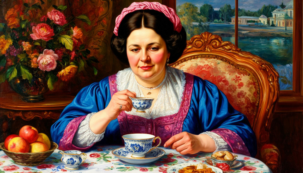 Начальница по версии ИИ на тему "Купчиха за чаем". Кустодиев.