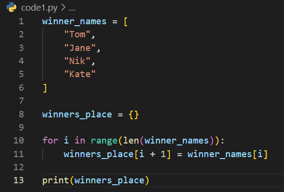 {1: 'Tom', 2: 'Jane', 3: 'Nik', 4: 'Kate'}
