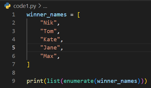 [(0, 'Nik'), (1, 'Tom'), (2, 'Kate'), (3, 'Jane'), (4, 'Max')]