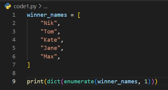 {1: 'Nik', 2: 'Tom', 3: 'Kate', 4: 'Jane', 5: 'Max'}
