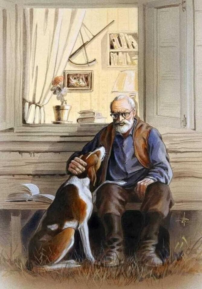 Хозяином и сторожем. Дедушка с собачкой. Собака дед.