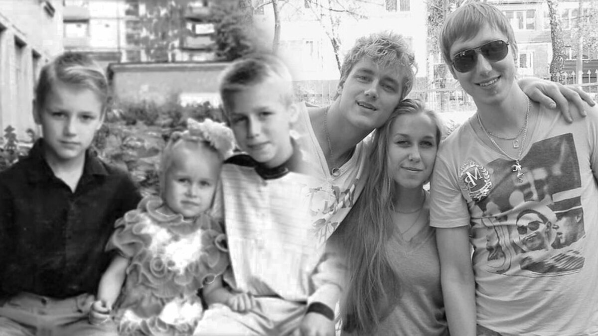 Алексей Воробьёв с братом и сестрой в детстве (слева) и юности (справа)