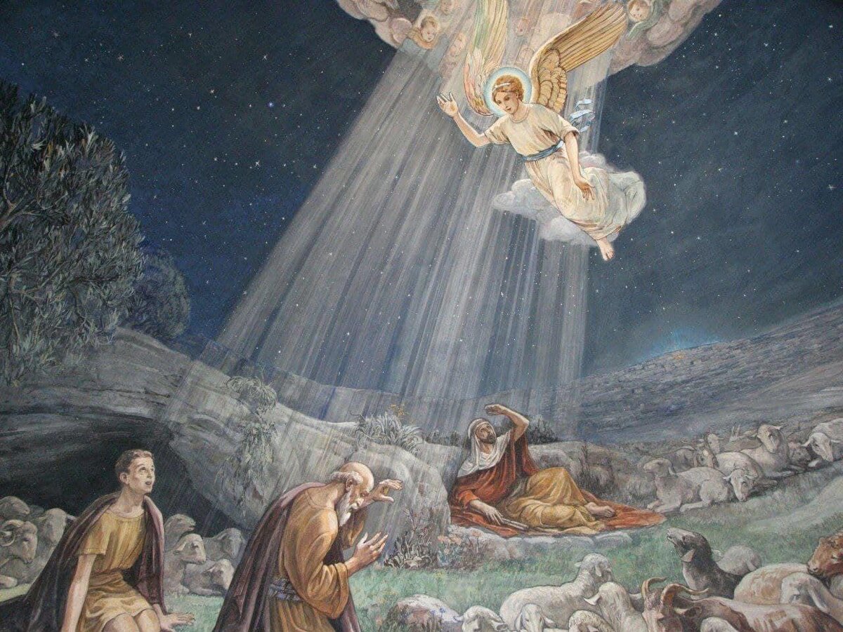 Явление ангела пастырям. 

Встаньте и пойдите 
В город Вифлеем; 
Души усладите 
И скажите всем: 
«Спас пришел к народу, 
Спас явился в мир! 
Слава в вышних Богу, 
И на земли мир! 
Там, где отдыхает 
Бессловесна тварь, 
В яслях почивает 
Всего мира Царь!»

Афанасий Фет

