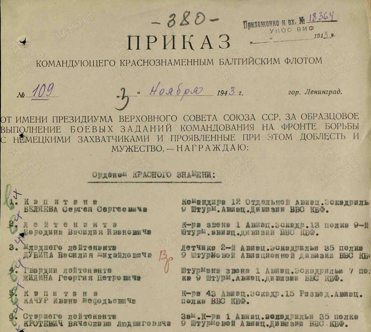 Фрагмент приказа № 109 от 3 ноября 1943 года Командующего Краснознаменного Балтийского Флота. Свободный источник. Сайт Министерства Обороны "Память народа".