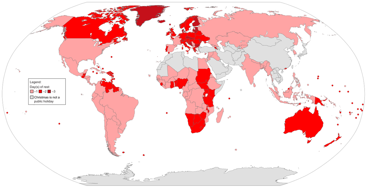 Рождество — однодневный (розовый цвет), двухдневный (красный цвет) и трёхдневный (ярко-красный цвет) выходной в разных странах мира