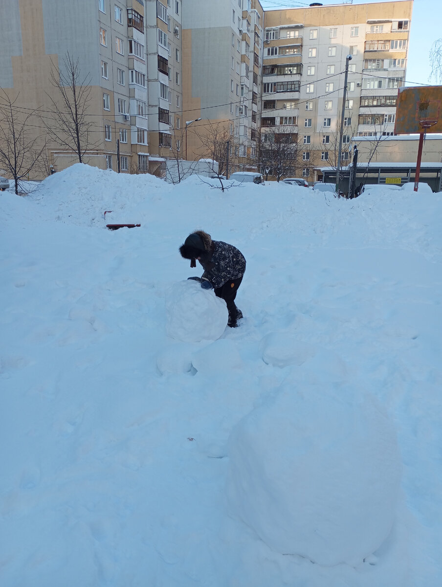 Эти снеговые шары сделал не Вова. Мы просто их оформили в единую инсталляцию. Снег очень сухой, не слепить снеговика. 