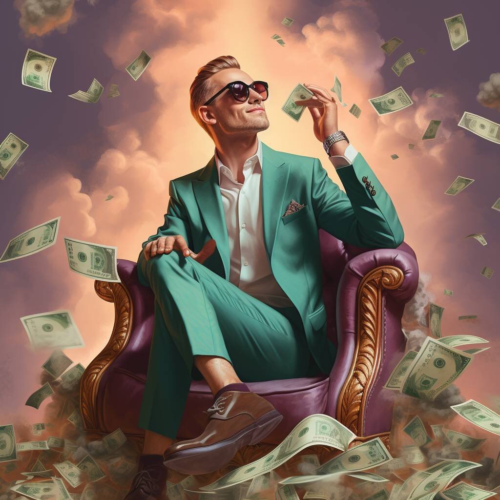Миллионер сидит вальяжно на кресле и любуется деньгами