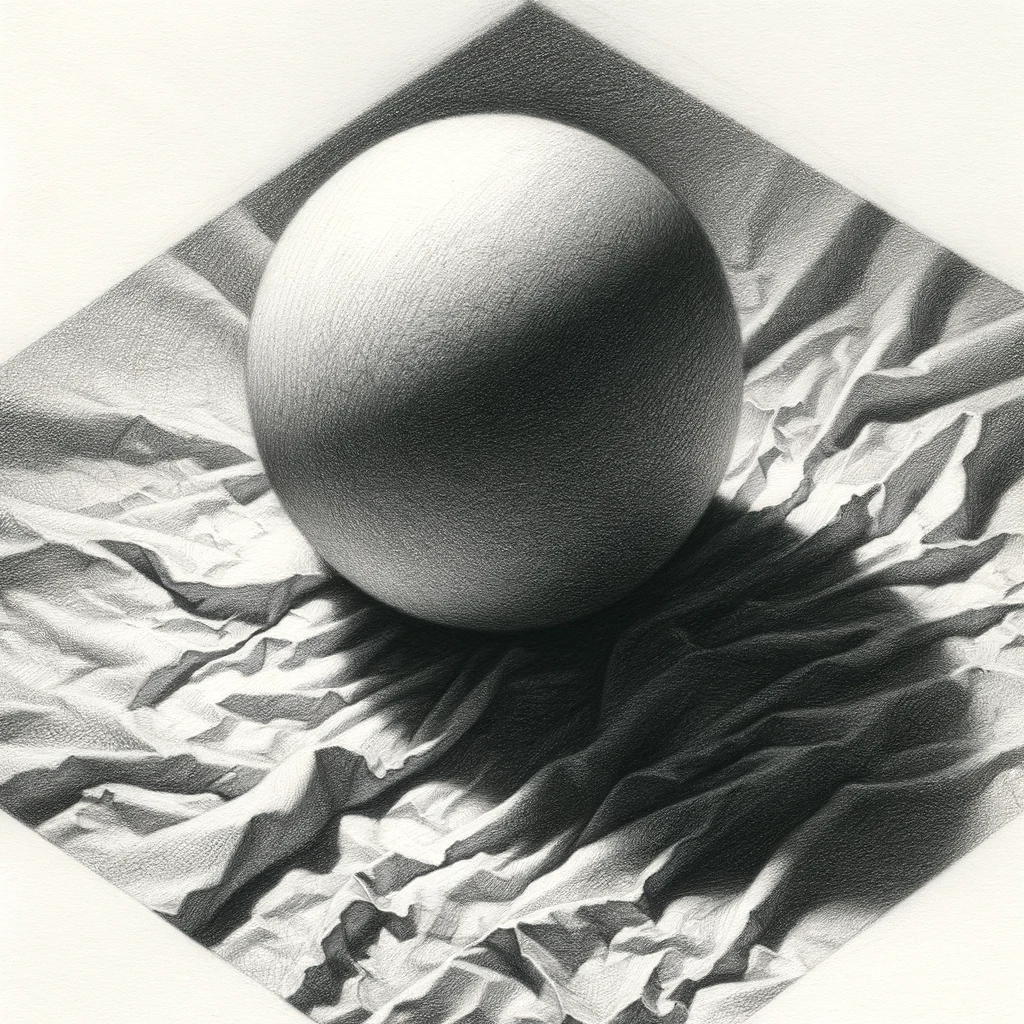 Матовый шар, лежащий на смятой бумаги. Она имеет сложную текстуру с множеством складок и морщин, а тень от шара соответствует этим неровностям. Рисунок акцентирует внимание на том, как тень принимает форму складок и неровностей смятой бумаги, создавая интересное взаимодействие света и тени.