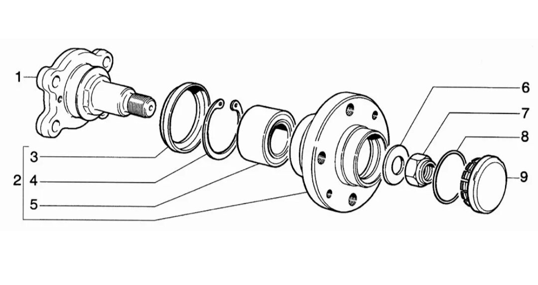1-цапфа; 2-ступица колеса; 3-пыльник колеса; 4-стопорное кольцо; 5-подшипник; 6-шайба; 7-гайка; 8-уплотнение; 9-декоративный колпак 