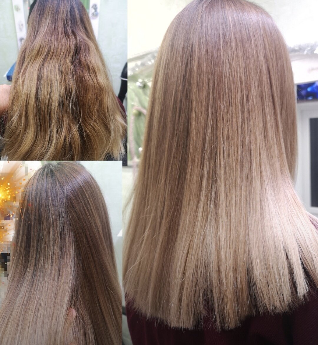 Ещё пример моей клиентки. Не смогла однажды попасть ко мне и ей выкрасили не так и не в тот цвет, да ещё спалили. Пришлось много состригать