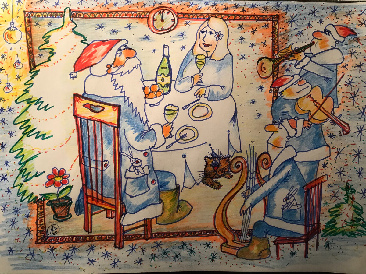 Приятно за рюмкой чая поговорить с хорошим человеком. Рисунок автора.