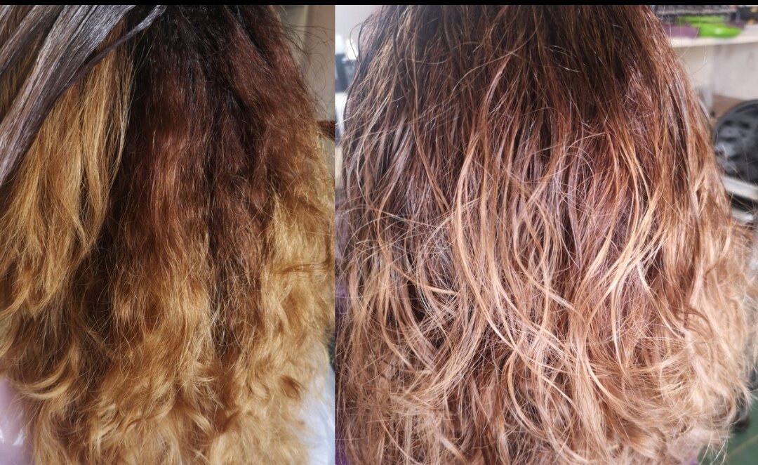 Эта клиентка попала ко мне после очередной горячей процедуры. Если увеличить фото, то можно увидеть как на фото "ДО" в затылочной части пожеван волос. Ей крупно повезло, что генетика у волос хорошая и волос не отвалился