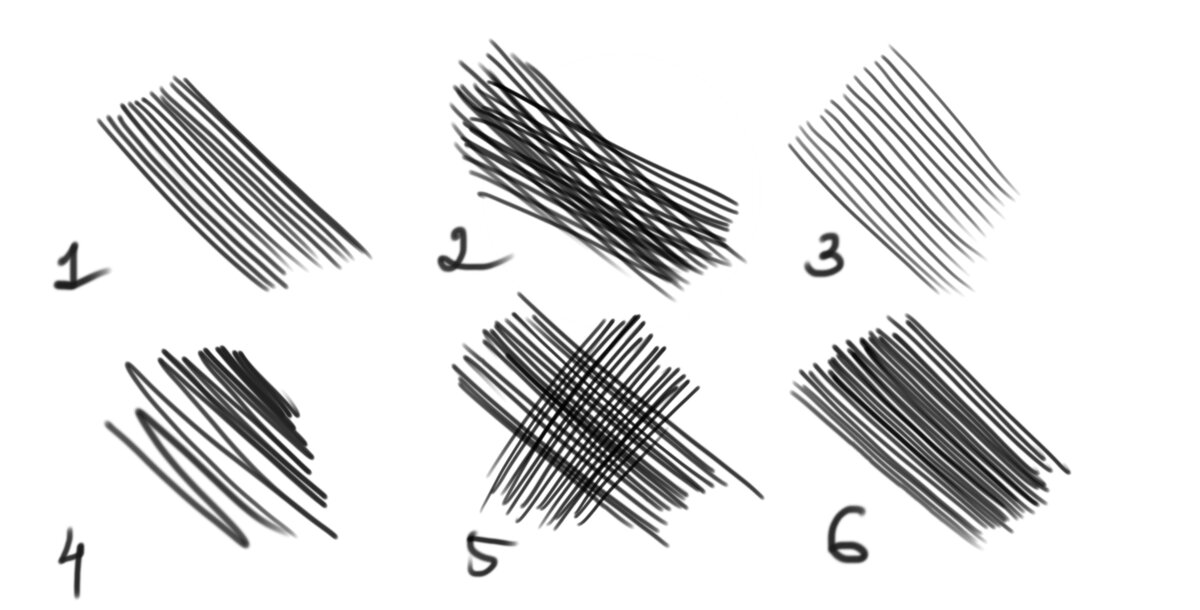 1 - правильная штриховка; 2 - правильный вариант штриховки теней; 3 - более светлая штриховка; 4 - неправильная штриховка; 5 - неправильный вариант штриховки теней; 6. - более темная плотная штриховка.