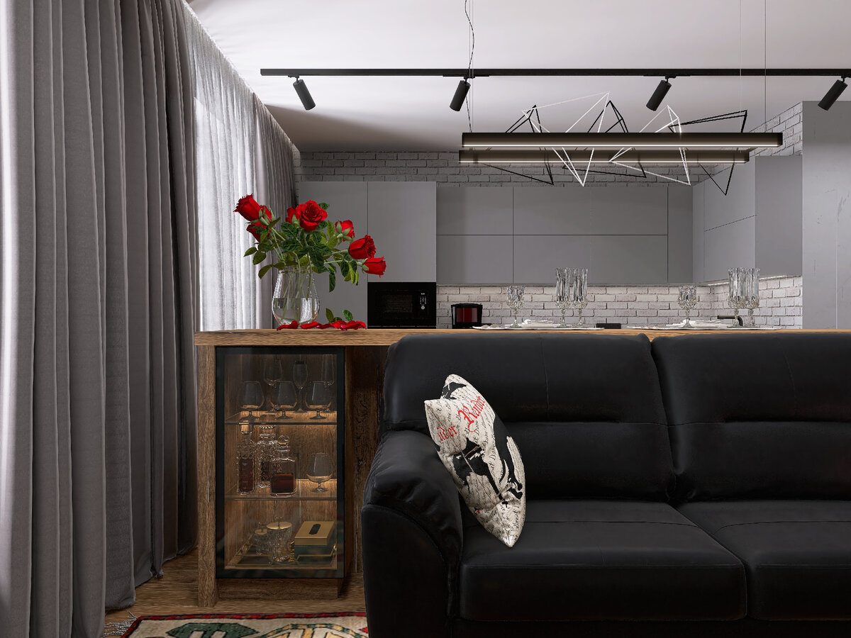 Кухня-гостиная в двухкомнатной квартире.. Фото из личного портфолио.