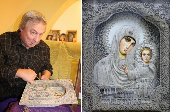 Владимир Денщиков и его икона из льна.Фото Яндекс.Картинки