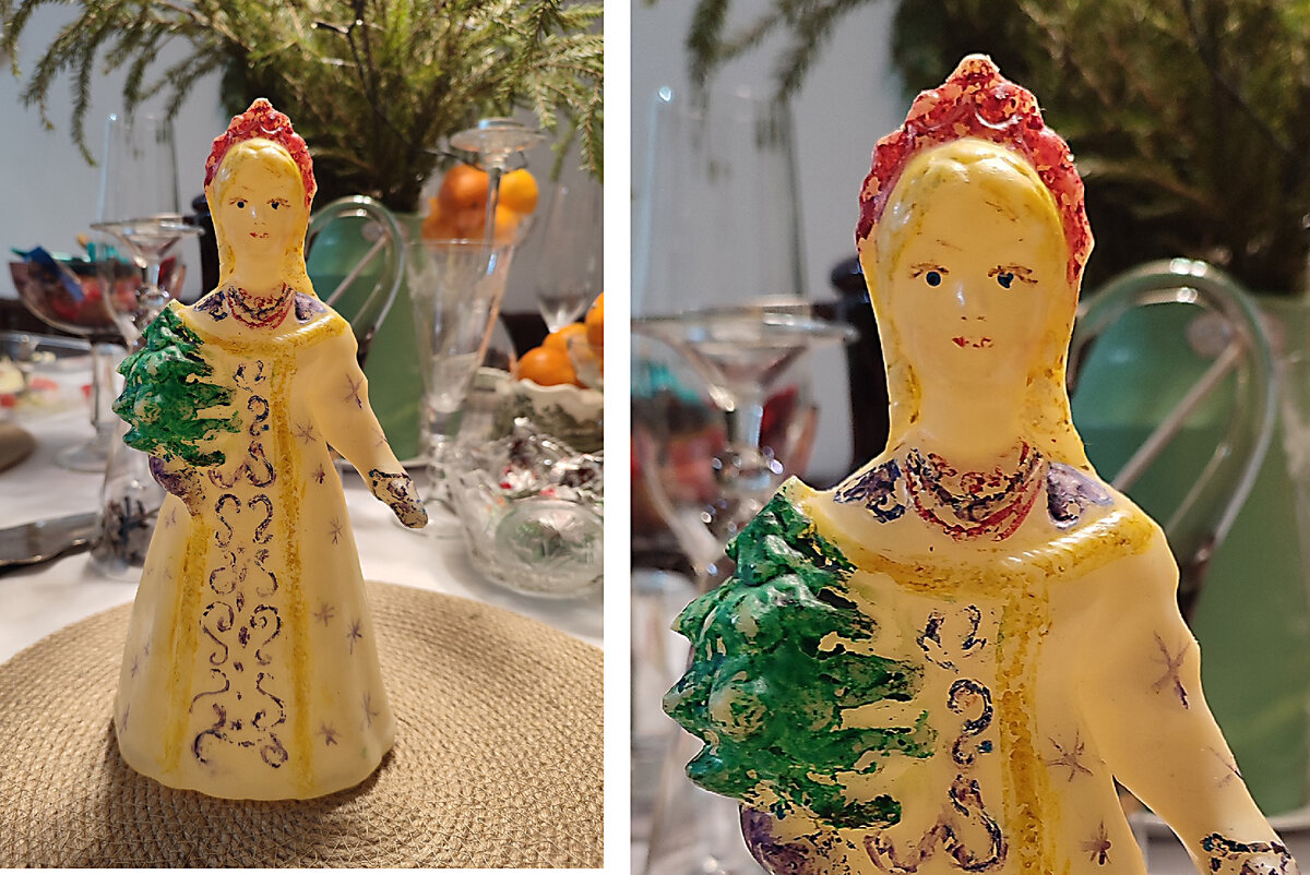 Снегурочка из пластмассы из 70-х. Чтобы вернуть былую красоту, свекровь ее подкрасила Сашиными акварельными красками в восемьдесят каком-то году. Возможно, Саша тоже принимал участие, не помнит точно. Одним словом, путается в показаниях. 