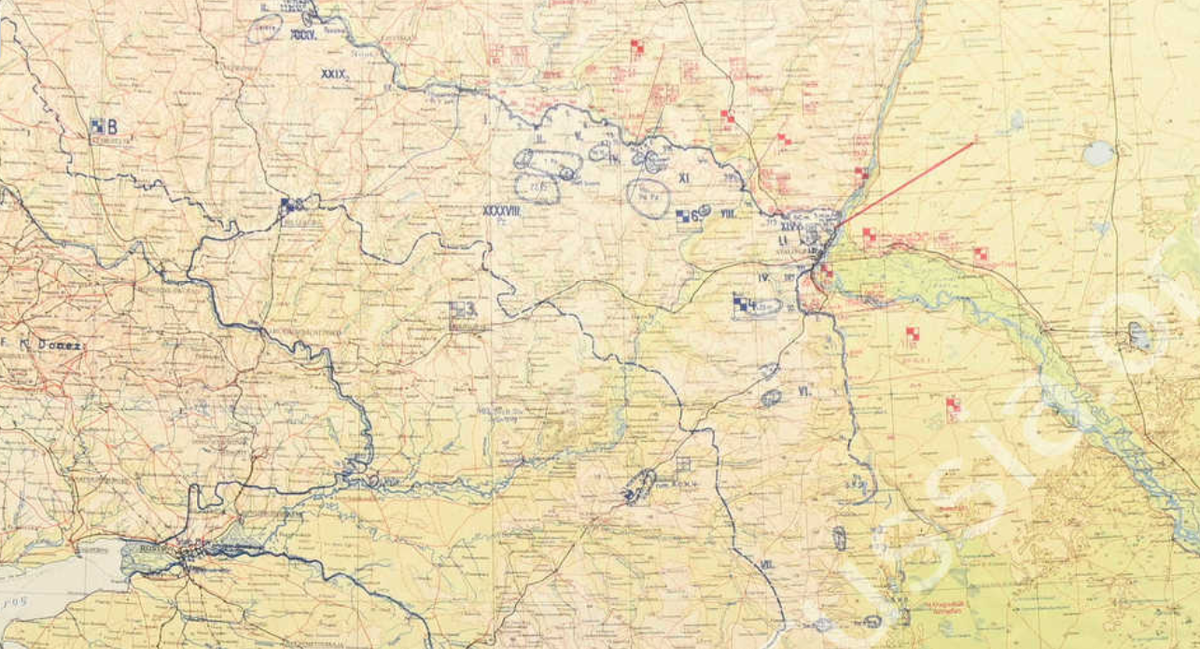 Участок в районе Сталинграда с общей стратегической карты Восточного фронта на 18-е октября 1942 года.