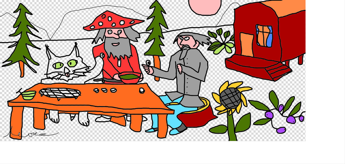 мухомор и сонный рыцарь за столом