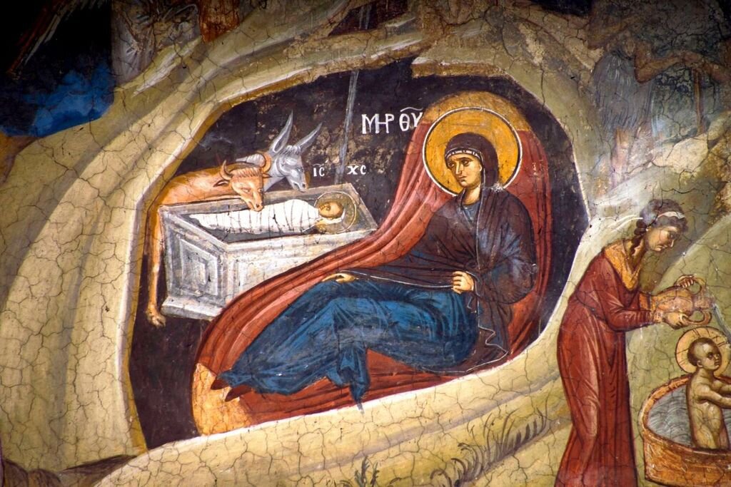Рождество Христово. Фреска монастыря Высокие Дечаны, Косово, Сербия, около 1350 года. Фрагмент