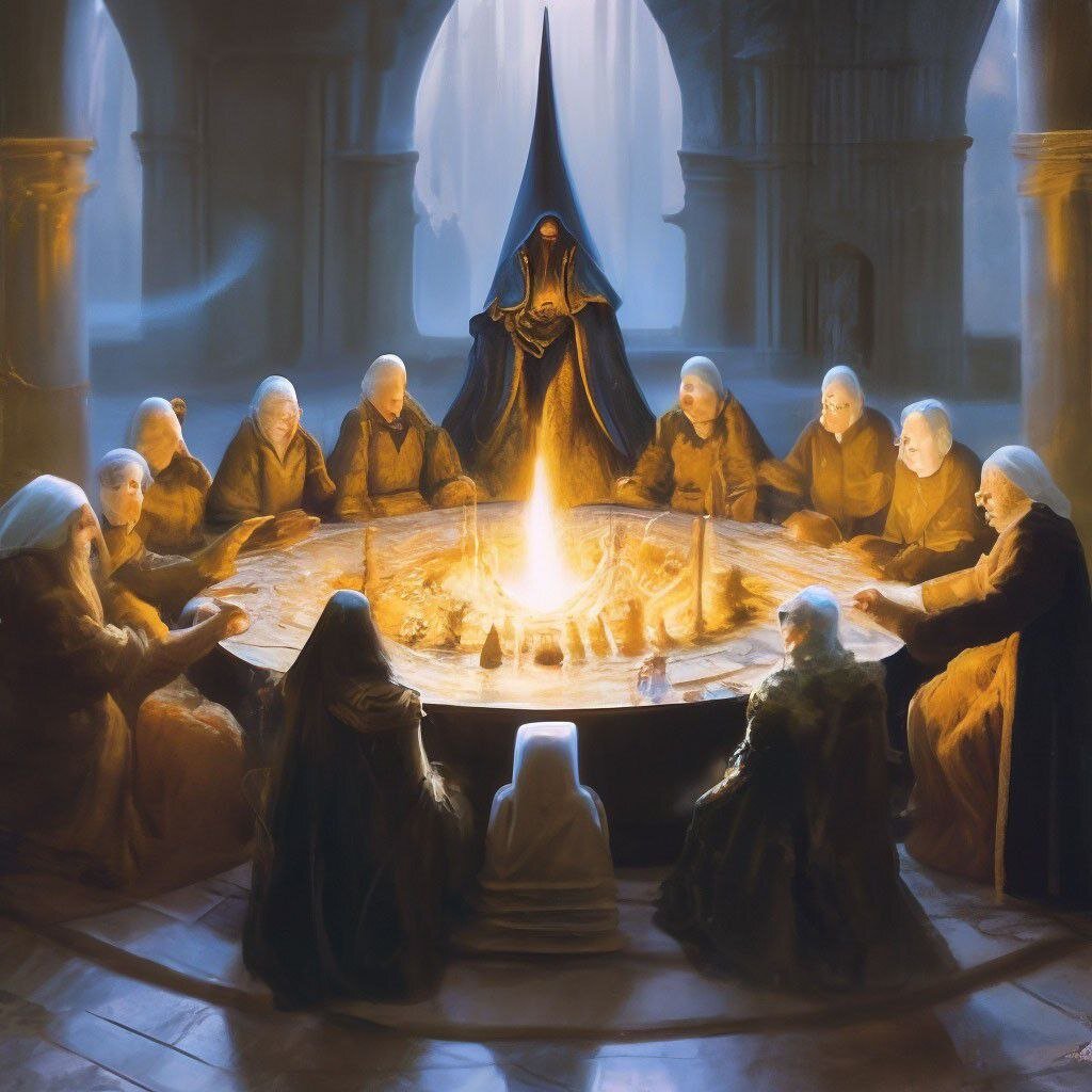 сгенерировано нейросетью. Совет в готическом зале